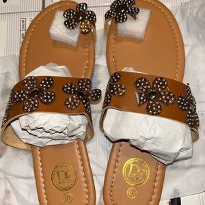 Embellished Brown Floral Slide Sandals